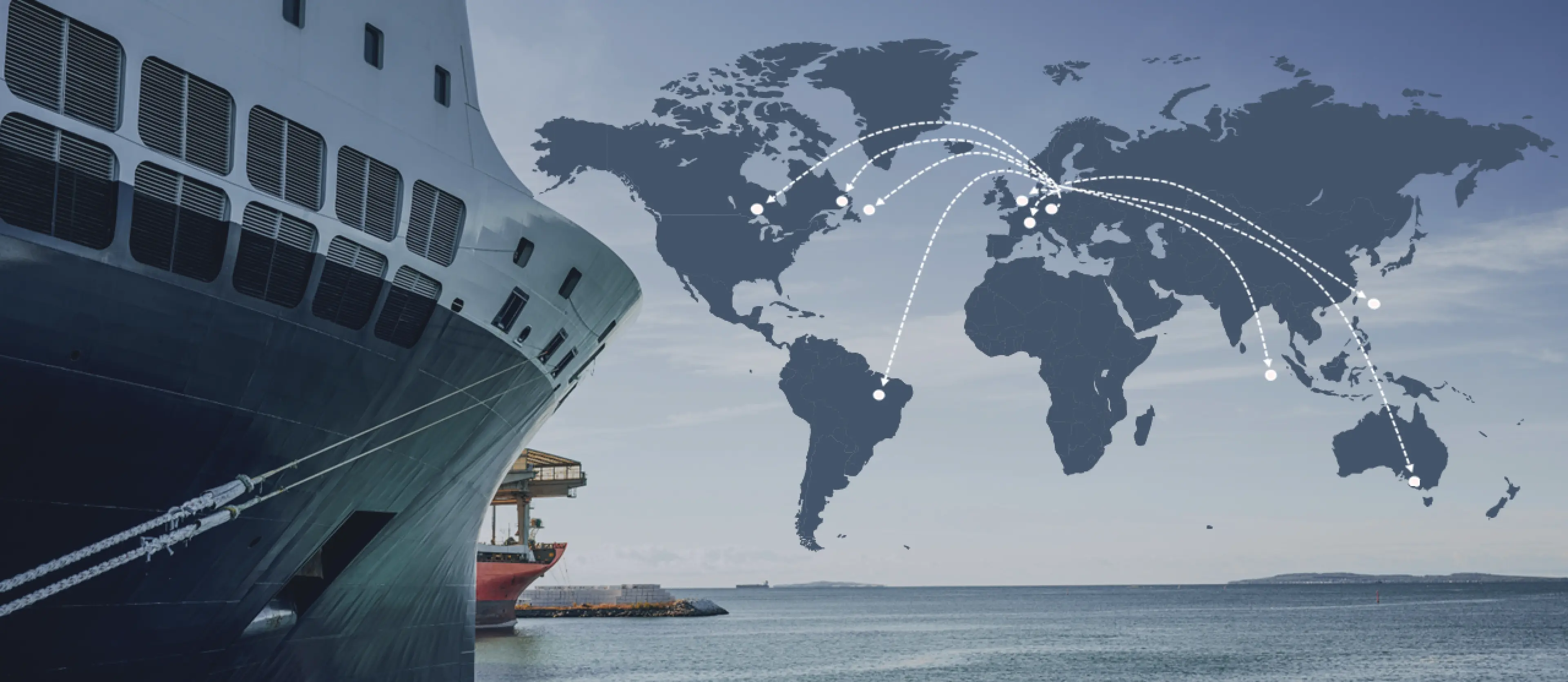 World map with routes to potential export countries. Cargo ship with the sea in the background.